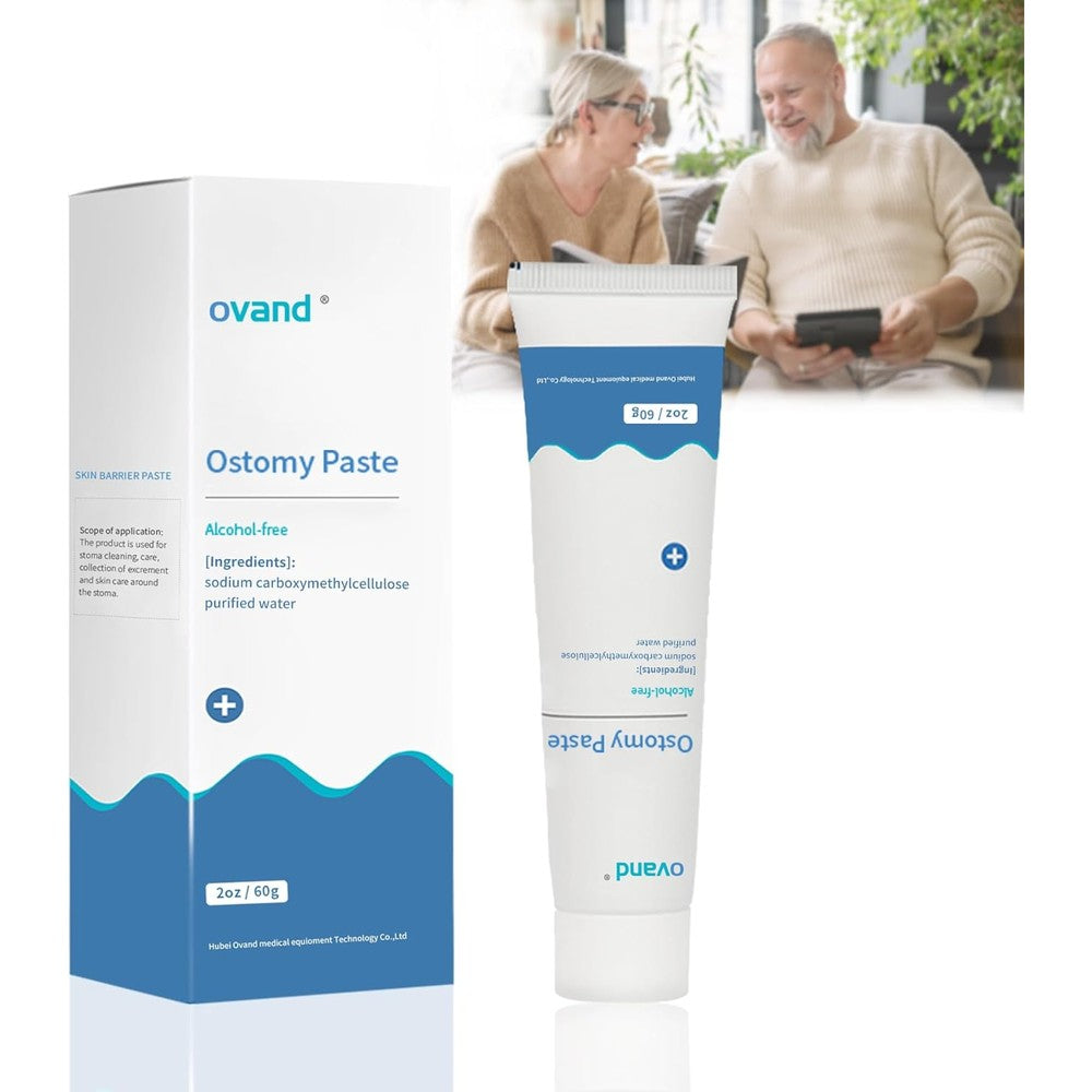 Ovand Ostomy Filler Paste two ounce tube and retail packaging box front view for leak prevention