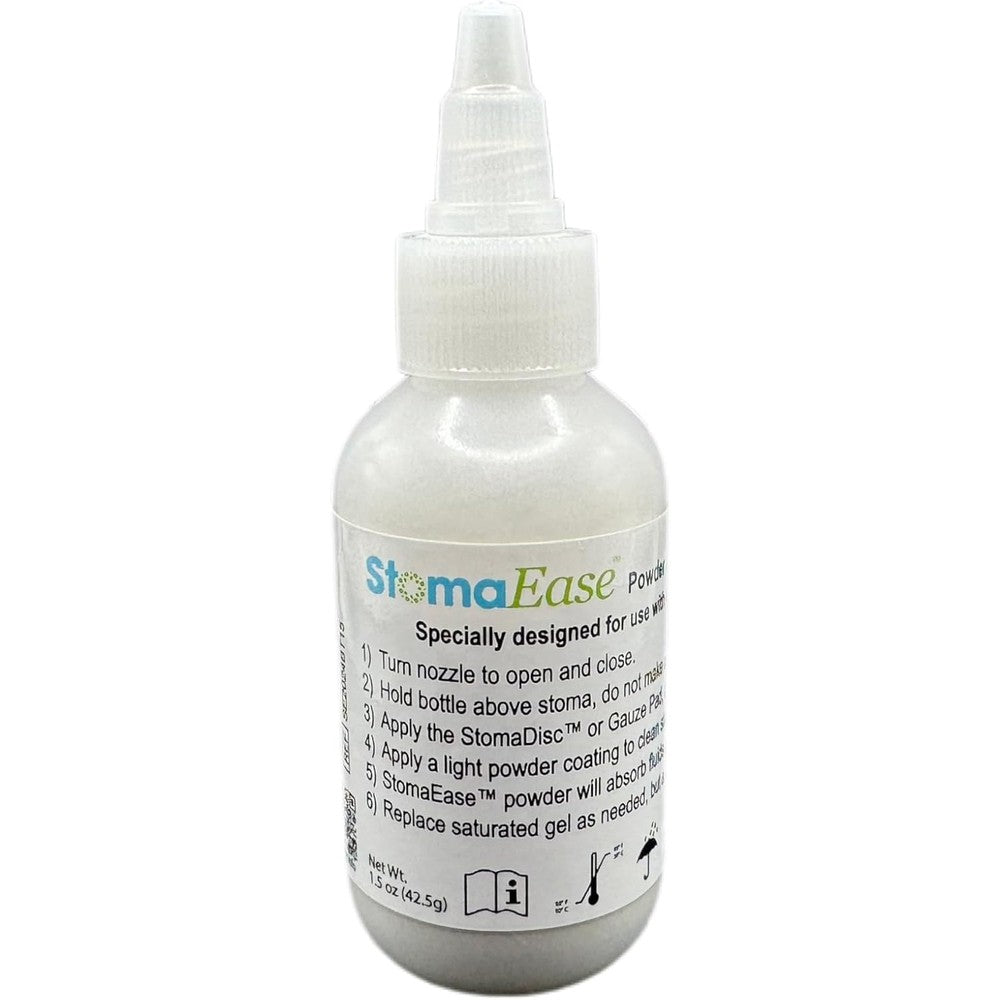 EnClean StomaEase Powder front view showing the 1.5 Ounce squeeze bottle packaging for enteral stoma care.
