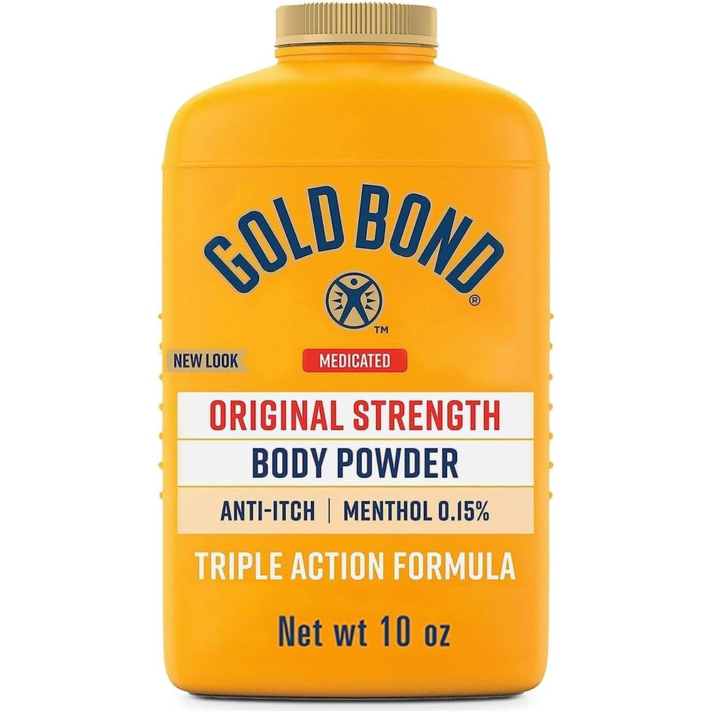 Gold Bond Medicated Body Powder 10 Ounce front view bottle showing yellow packaging and blue branding.