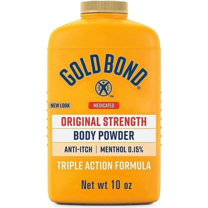 Gold Bond Medicated Body Powder 10 Ounce front view bottle showing yellow packaging and blue branding.