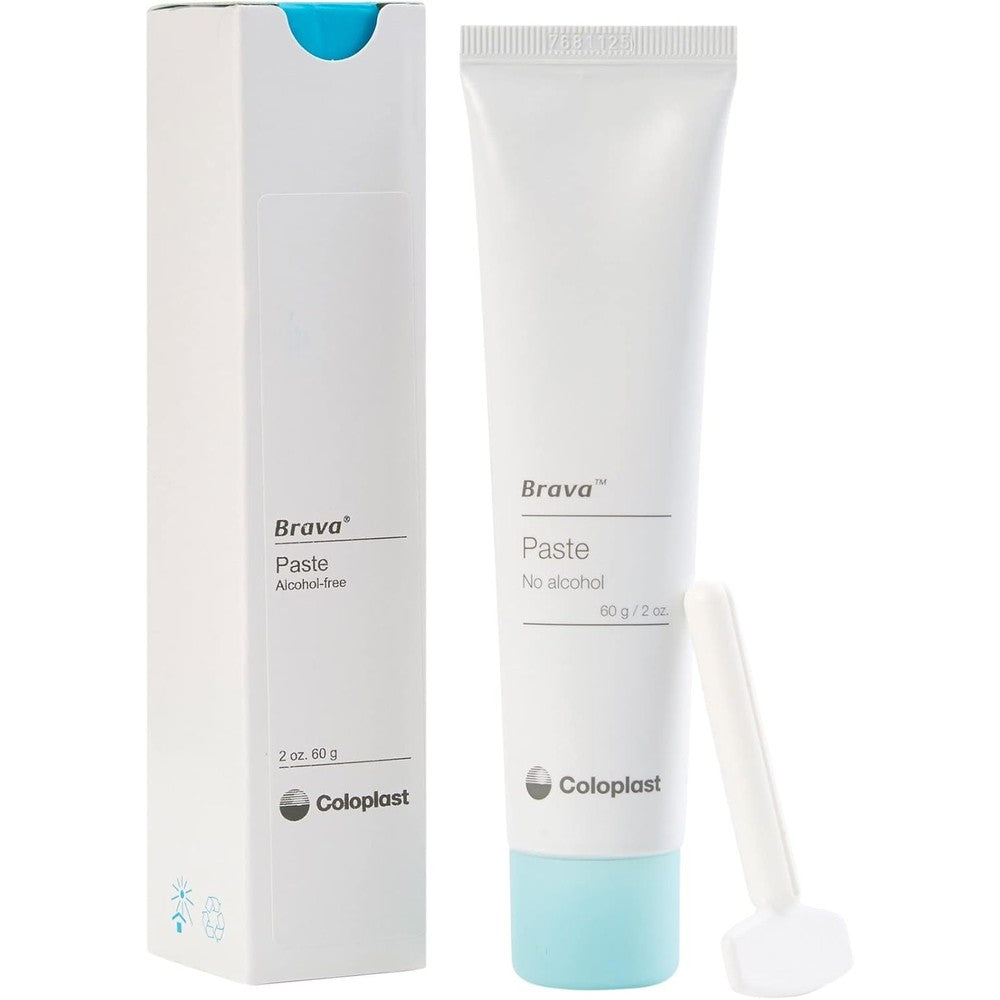 Coloplast Brava Ostomy Paste Sting-Free front view of the two ounce white and blue tube