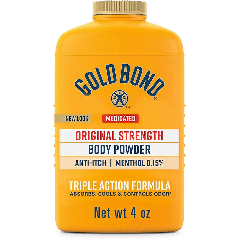 Gold Bond Original Strength Medicated Body Powder 4 Ounce bottle front view showing cooling relief benefits