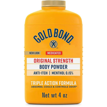 Gold Bond Original Strength Medicated Body Powder 4 Ounce bottle front view showing cooling relief benefits