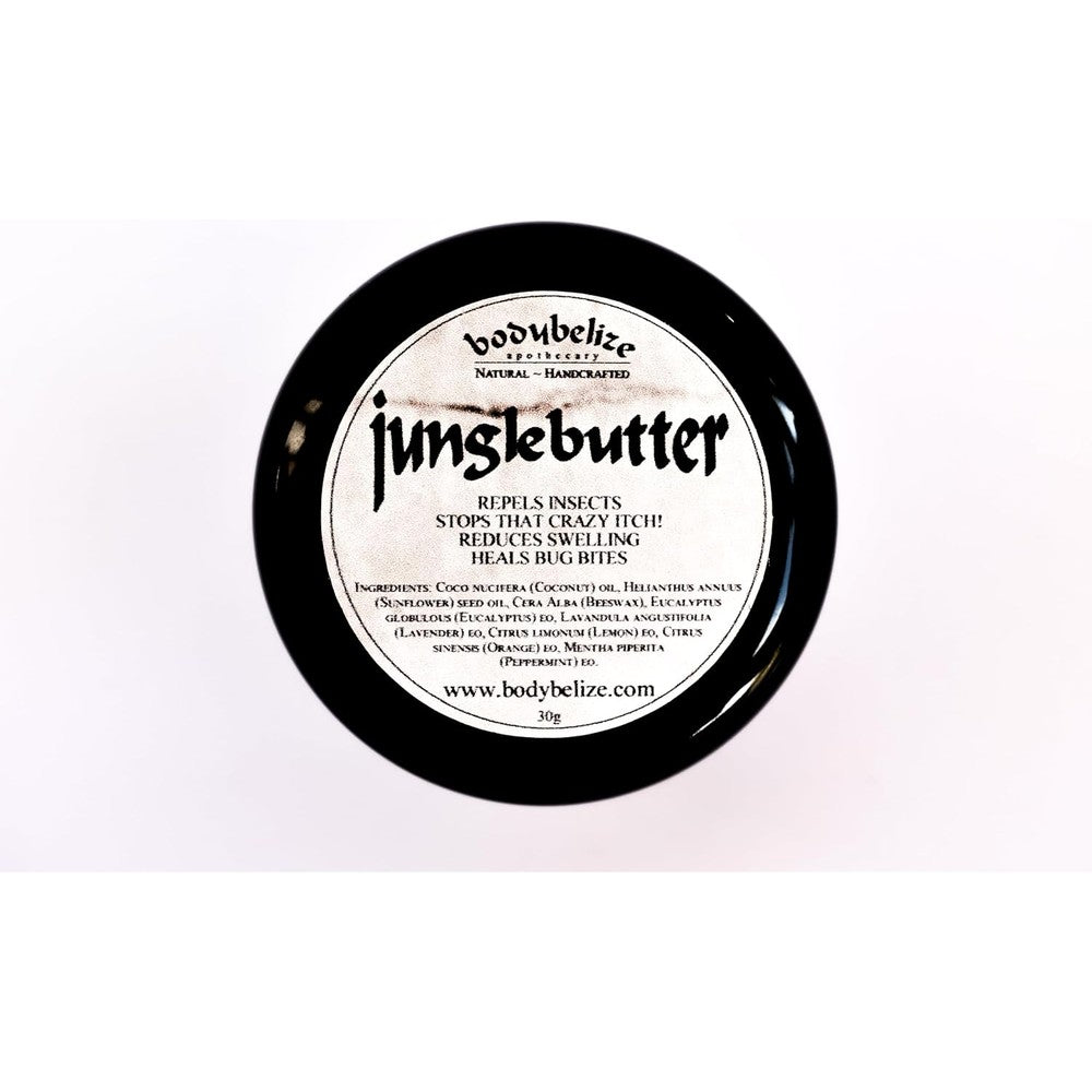 BodyBelize Jungle Butter Natural Bug Bite Relief Balm 30 grams front view packaging.