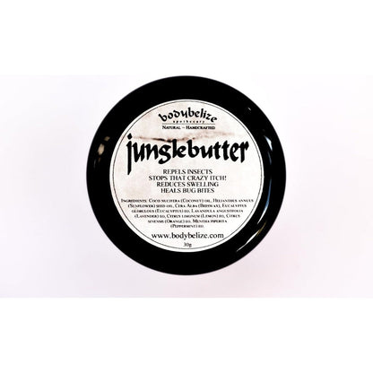 BodyBelize Jungle Butter Natural Bug Bite Relief Balm 30 grams front view packaging.