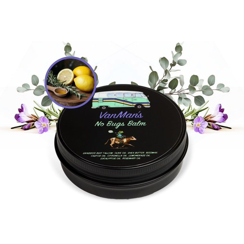 The VanMan Company No Bugs Balm front view of one ounce tin natural insect repellent