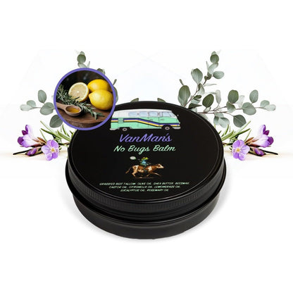 The VanMan Company No Bugs Balm front view of one ounce tin natural insect repellent
