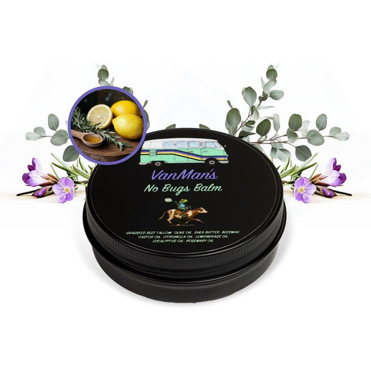 The VanMan Company No Bugs Balm front view of one ounce tin natural insect repellent