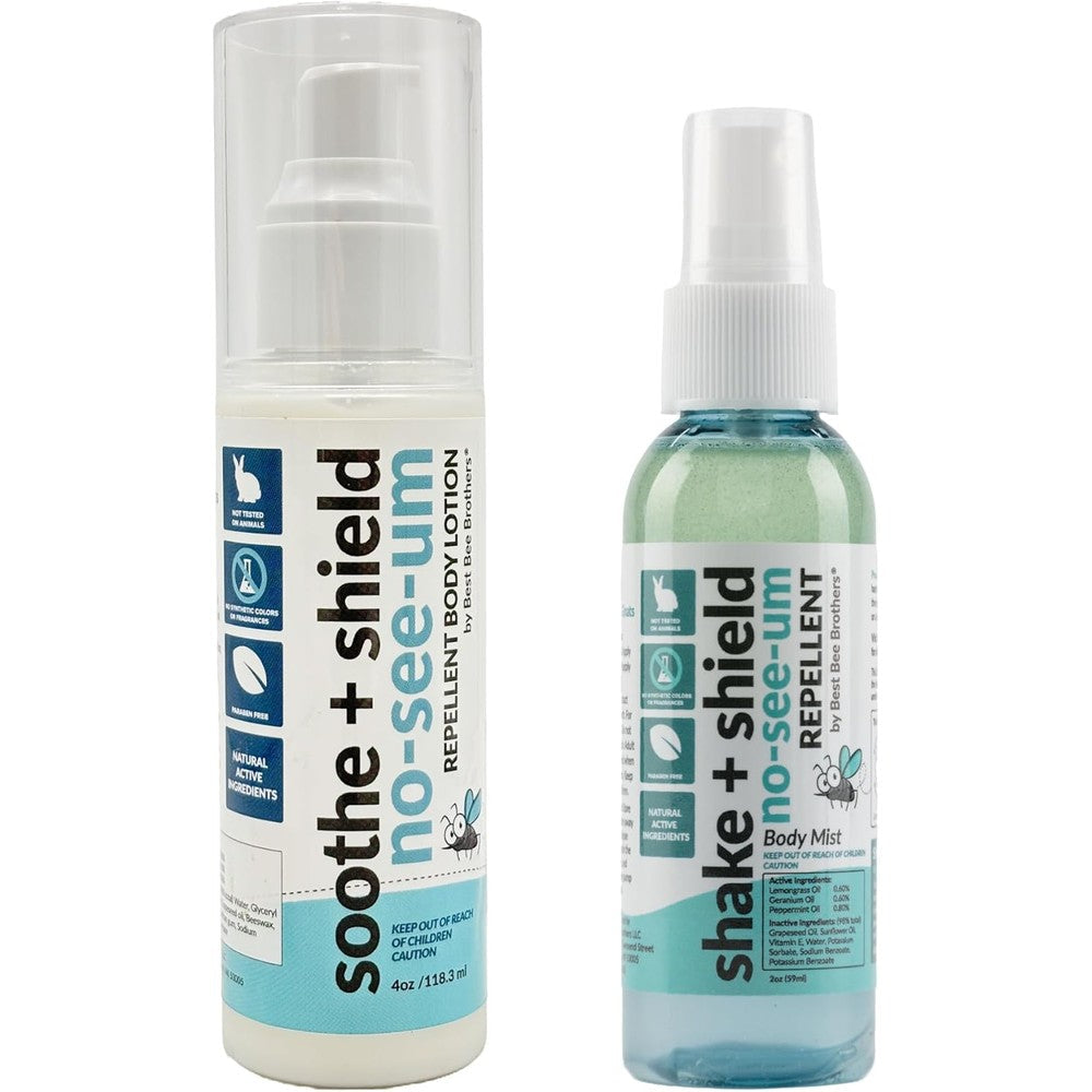 Best Bee Brothers No See Um Repellent combo pack front view showcasing mist and lotion bottles.