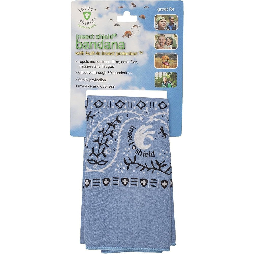 Insect Shield Bug and Insect Repellent Bandana in light blue showing the classic paisley print pattern design.