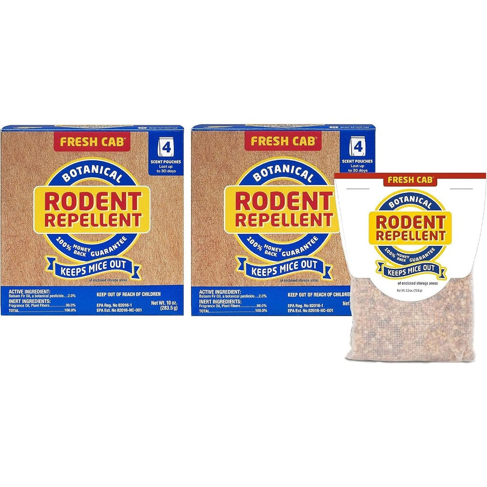 Fresh Cab Rodent Repellent front view of the retail boxes showing botanical scent pouches packaging