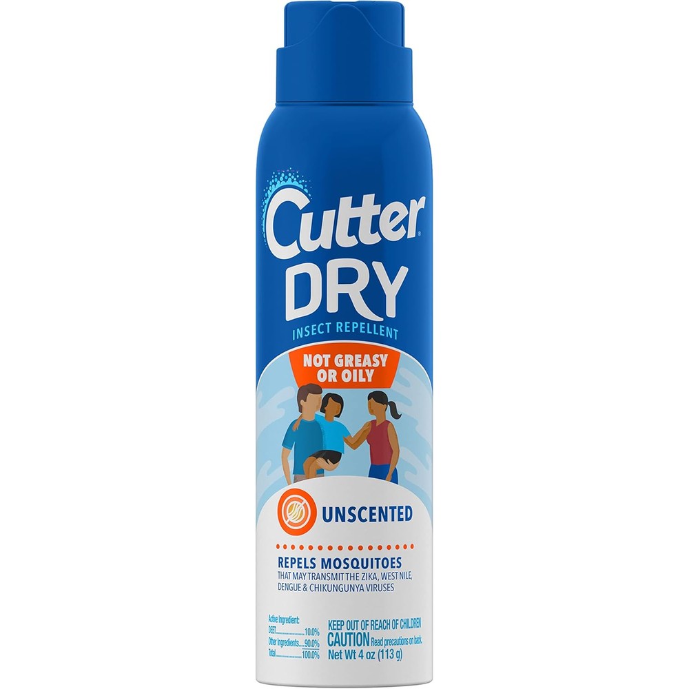 Cutter Dry Insect Repellent four ounce aerosol spray front view highlighting ten percent DEET formula