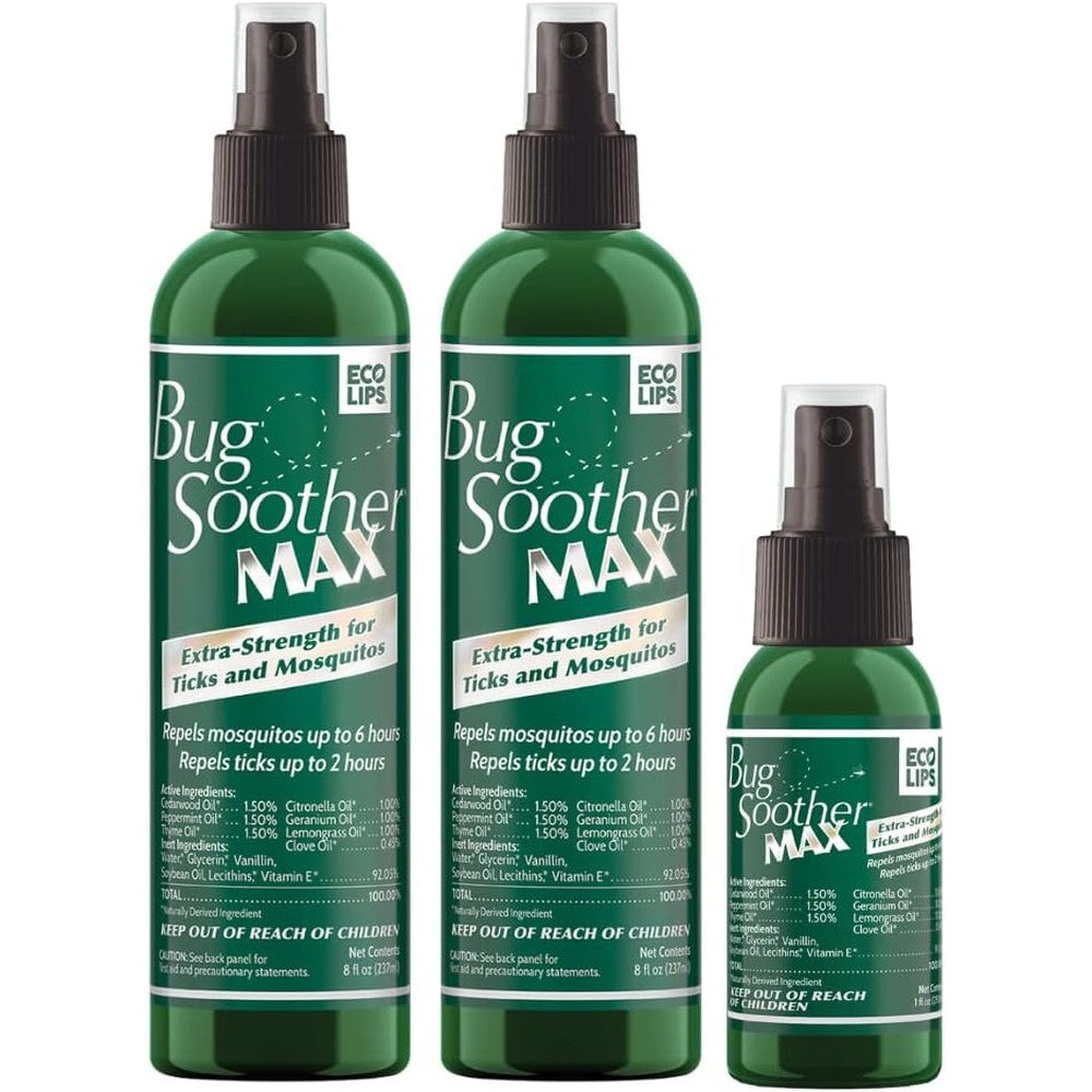 Bug Soother Max natural mosquito and tick repellent spray bottles