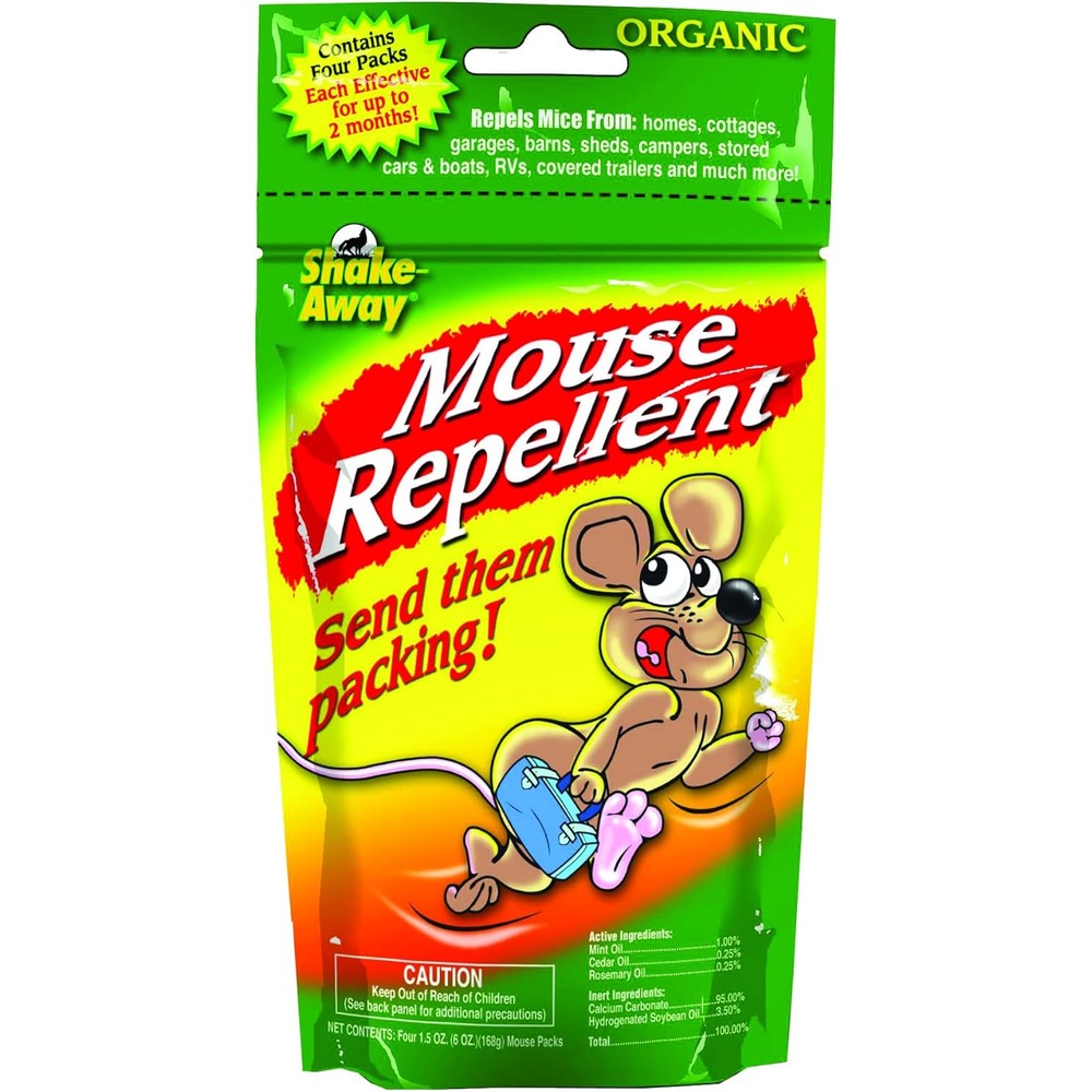 Shake-Away Mouse Repellent Packs four count retail box front view showing natural pest control packaging.