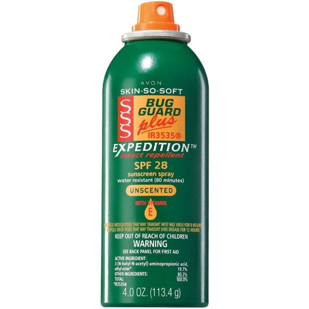 Avon Skin So Soft Bug Guard Plus IR3535 Expedition Aerosol Spray front view showing green packaging.