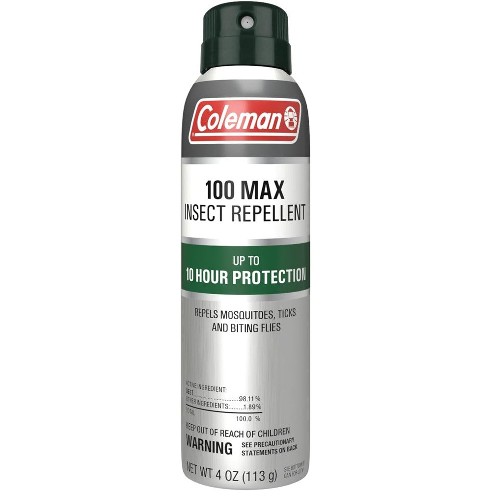Coleman 100 Max insect repellent spray four ounce front view showing maximum strength formula