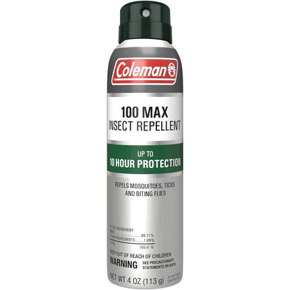 Coleman 100 Max insect repellent spray four ounce front view showing maximum strength formula