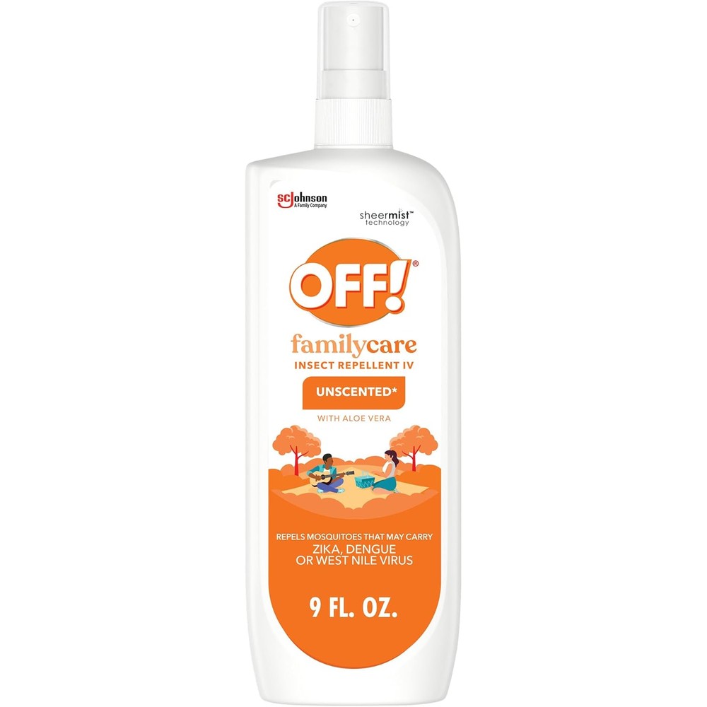 OFF! Family Care Mosquito And Tick Repellent Spritz 9 Fluid Ounce bottle front view showing brand logo and aloe vera text
