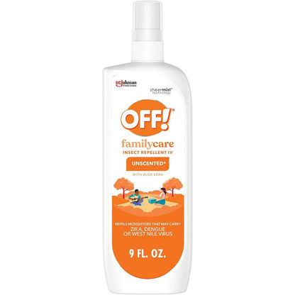 OFF! Family Care Mosquito And Tick Repellent Spritz 9 Fluid Ounce bottle front view showing brand logo and aloe vera text