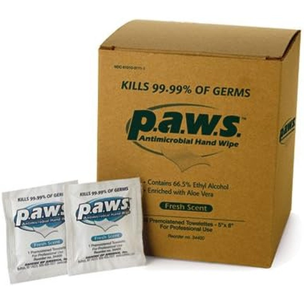 Safetec PAWS Antimicrobial Hand Wipes 100 count box front view showcasing professional hand sanitizing towelettes