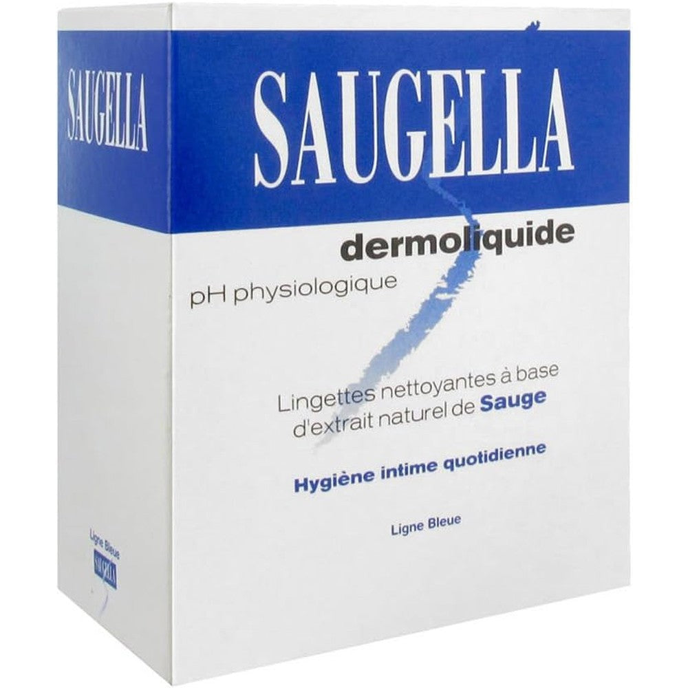 Saugella Dermoliquid Intimate Cleansing Wipes ten count box front view for gentle feminine personal care.