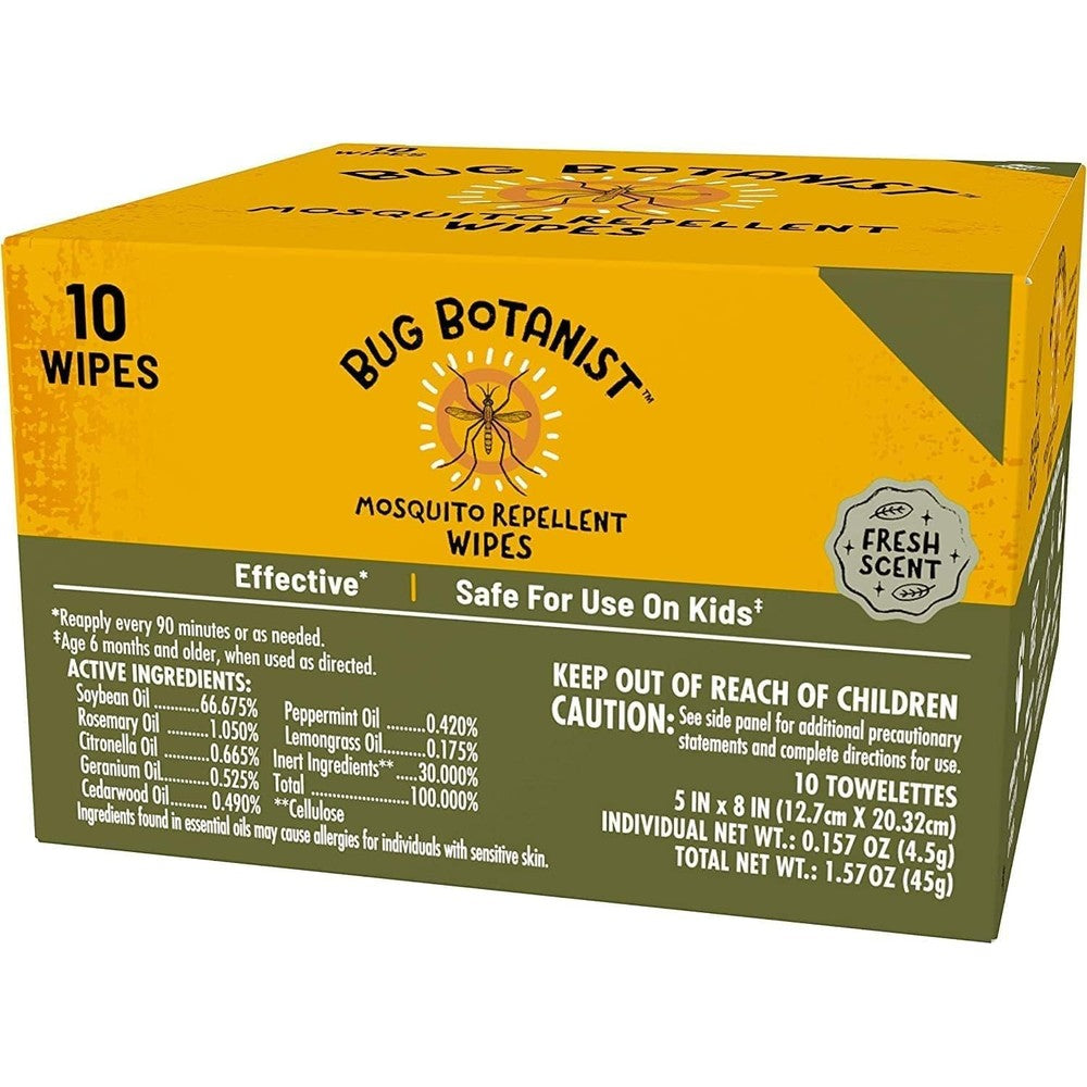 Bug Botanist Mosquito Repellent Wipes front view pack of ten natural insect defense wipes