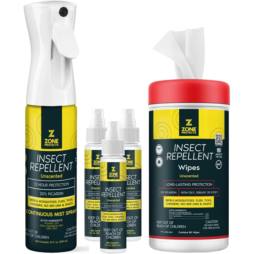 Zone Protects Picaridin Super Bundle showing front view of continuous spray and wipes package
