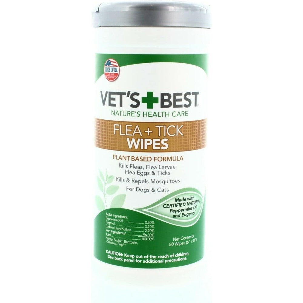 Vet's Best Flea and Tick Wipes 50 count canister front view for dog and cat pest protection.