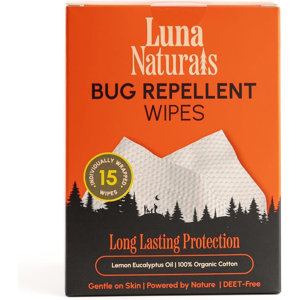 Luna Naturals Bug Repellent Wipes 15 Count box front view displaying organic cotton seal.