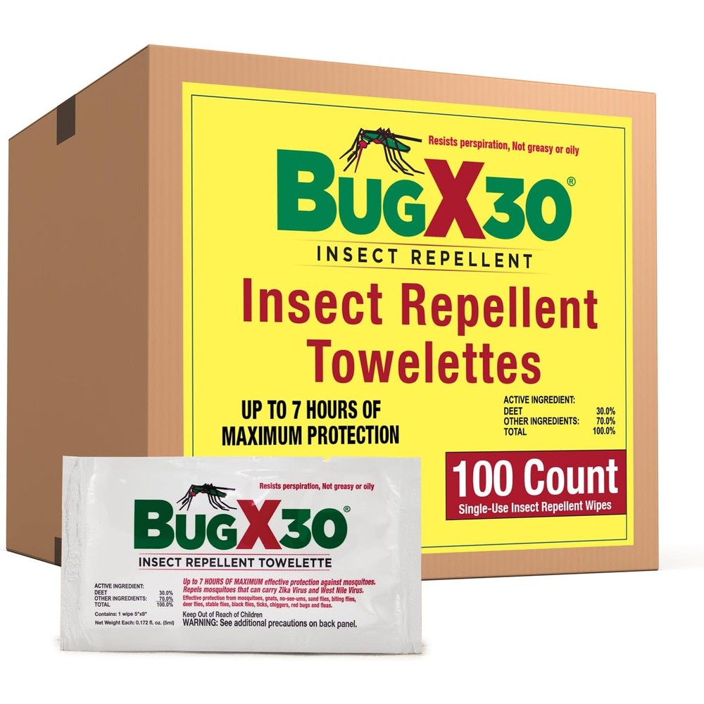 CoreTex Bug X 30 insect repellent wipes 100 count box front view