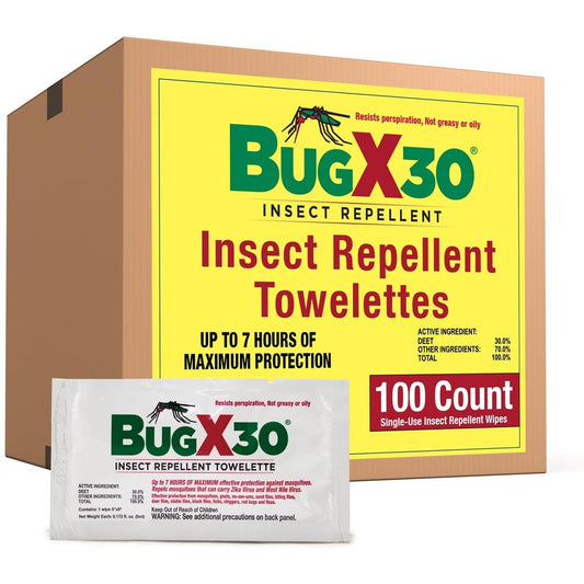 CoreTex Bug X 30 insect repellent wipes 100 count box front view