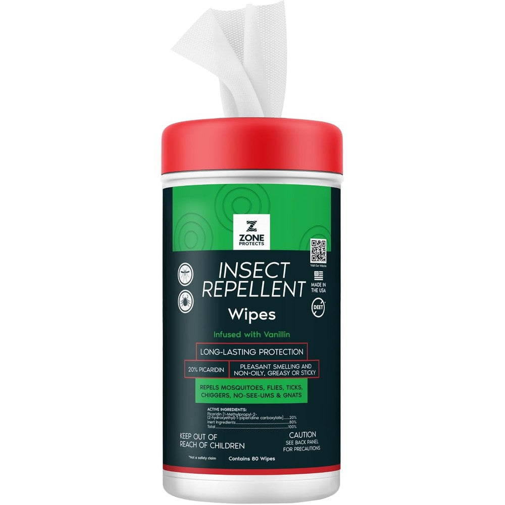 Zone Protects Picaridin Scented Insect Repellent Wipes front view of the 80 count container