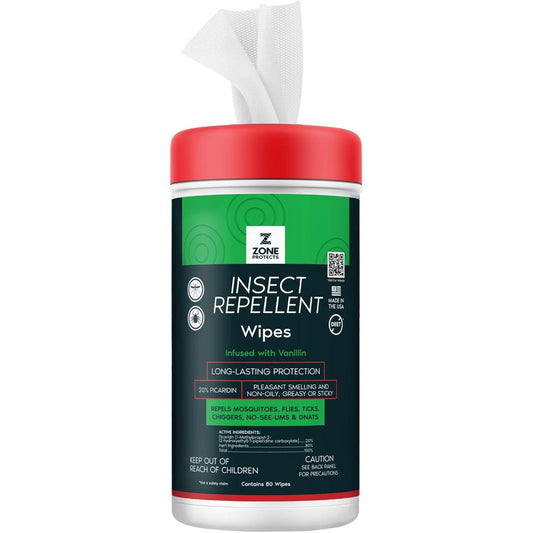 Zone Protects Picaridin Scented Insect Repellent Wipes front view of the 80 count container
