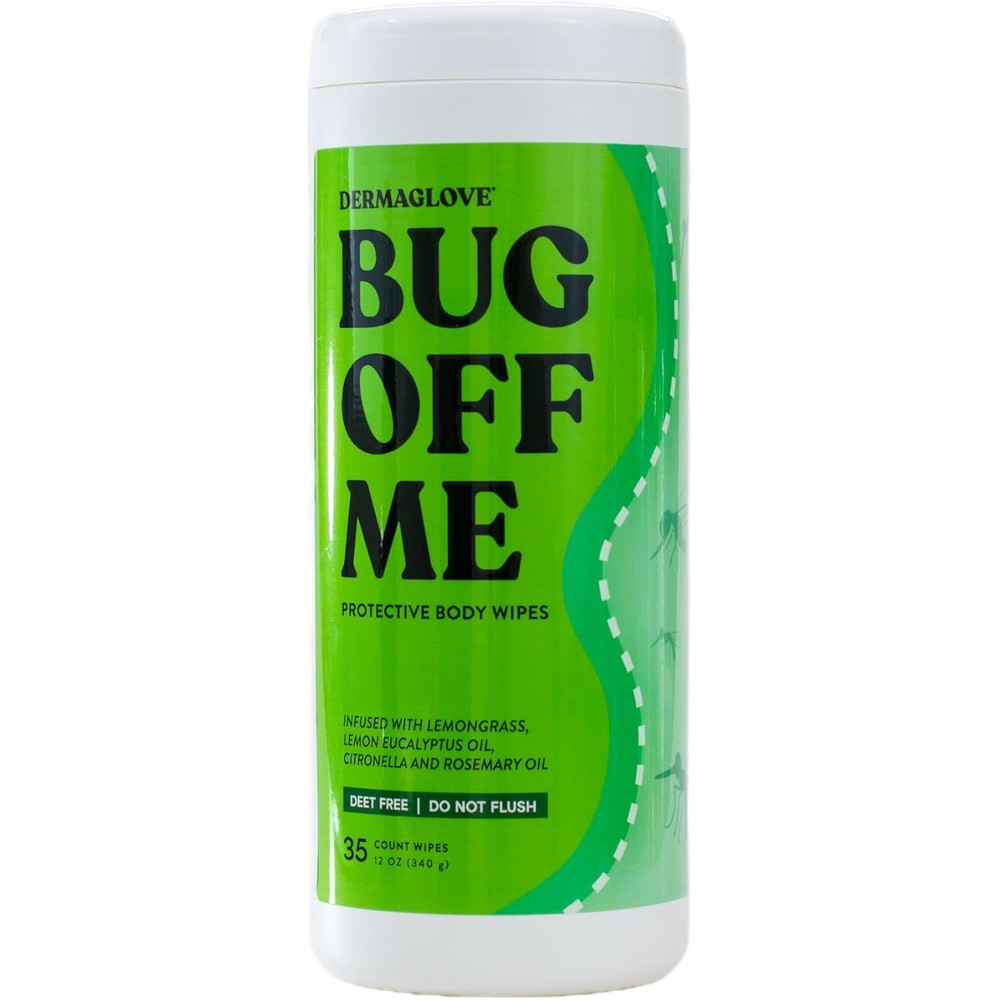 Dermaglove Bug Off Me Mosquito and Insect Repelling Body Wipes front view container for natural bug defense