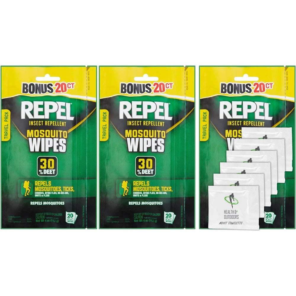 Repel Sportsmen 30 percent DEET mosquito repellent wipes front view pack of three