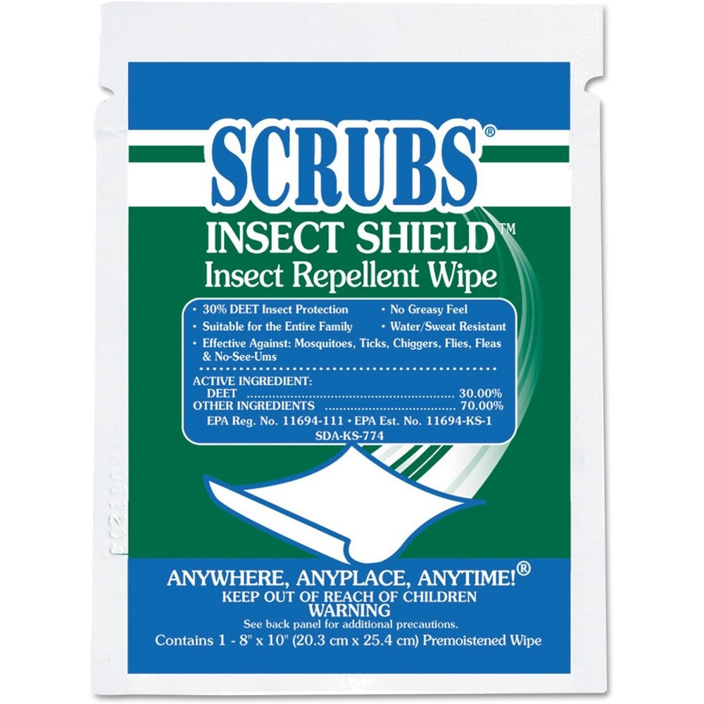 ITW Professional Brands Scrubs Insect Shield insect repellent wipes front carton view showing individual packets for outdoor bug protection.