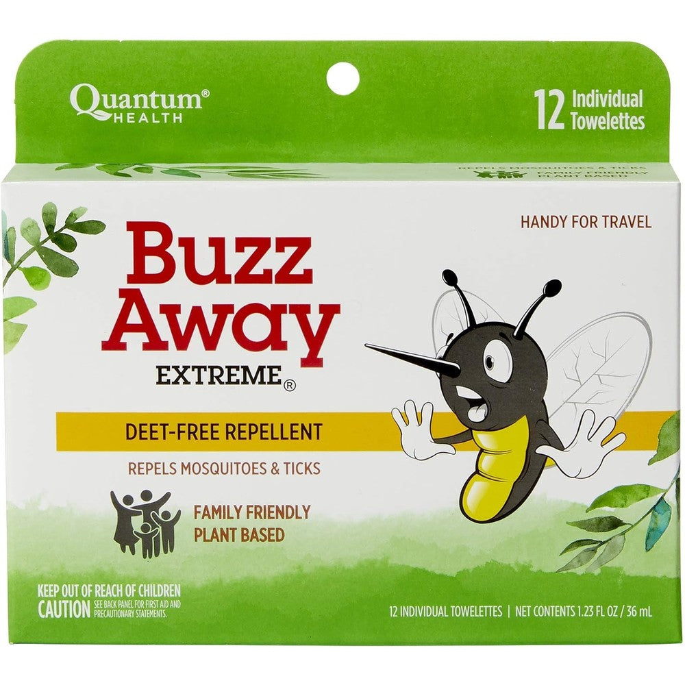 Quantum Health Buzz Away Extreme Towelettes 12 Count front packaging view showcasing natural DEET free bug repellent wipes.