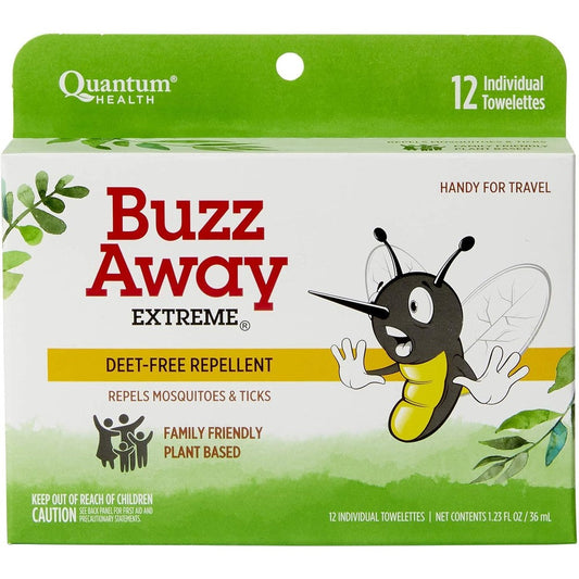 Quantum Health Buzz Away Extreme Towelettes 12 Count front packaging view showcasing natural DEET free bug repellent wipes.