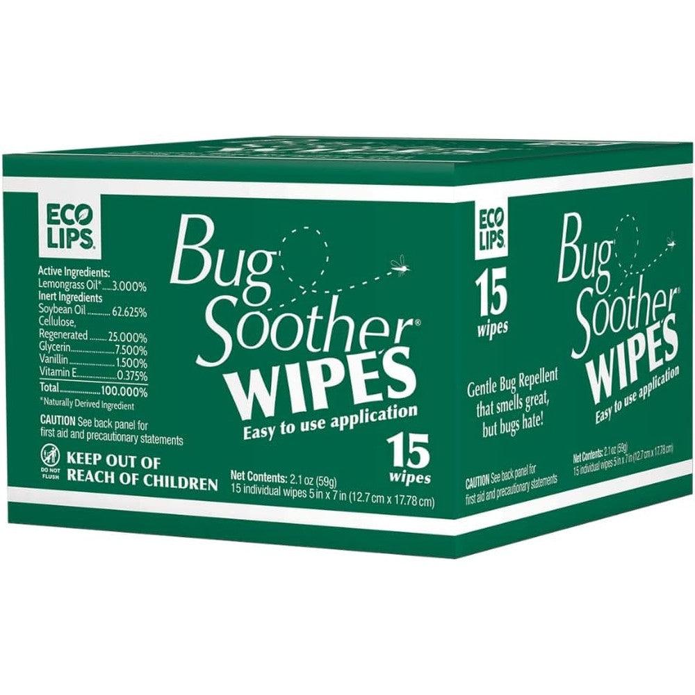 Eco Lips Bug Soother Wipes 15 count package front view showing natural insect repellent branding.
