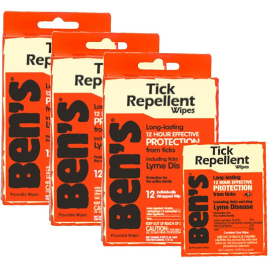 Ben's Tick Repellent Wipes pack of three front view displaying twenty percent picaridin insect protection packaging.