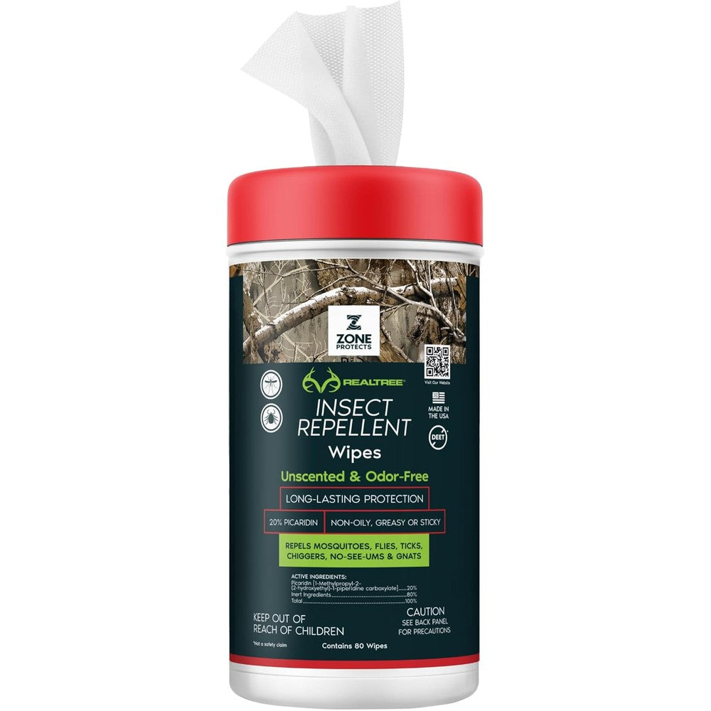 Zone Protects Realtree Picaridin Insect Repellent Wipes front view of the eighty count container