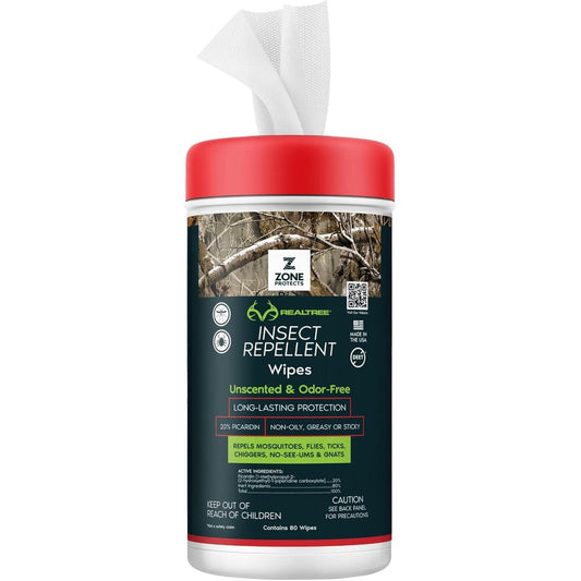 Zone Protects Realtree Picaridin Insect Repellent Wipes front view of the eighty count container
