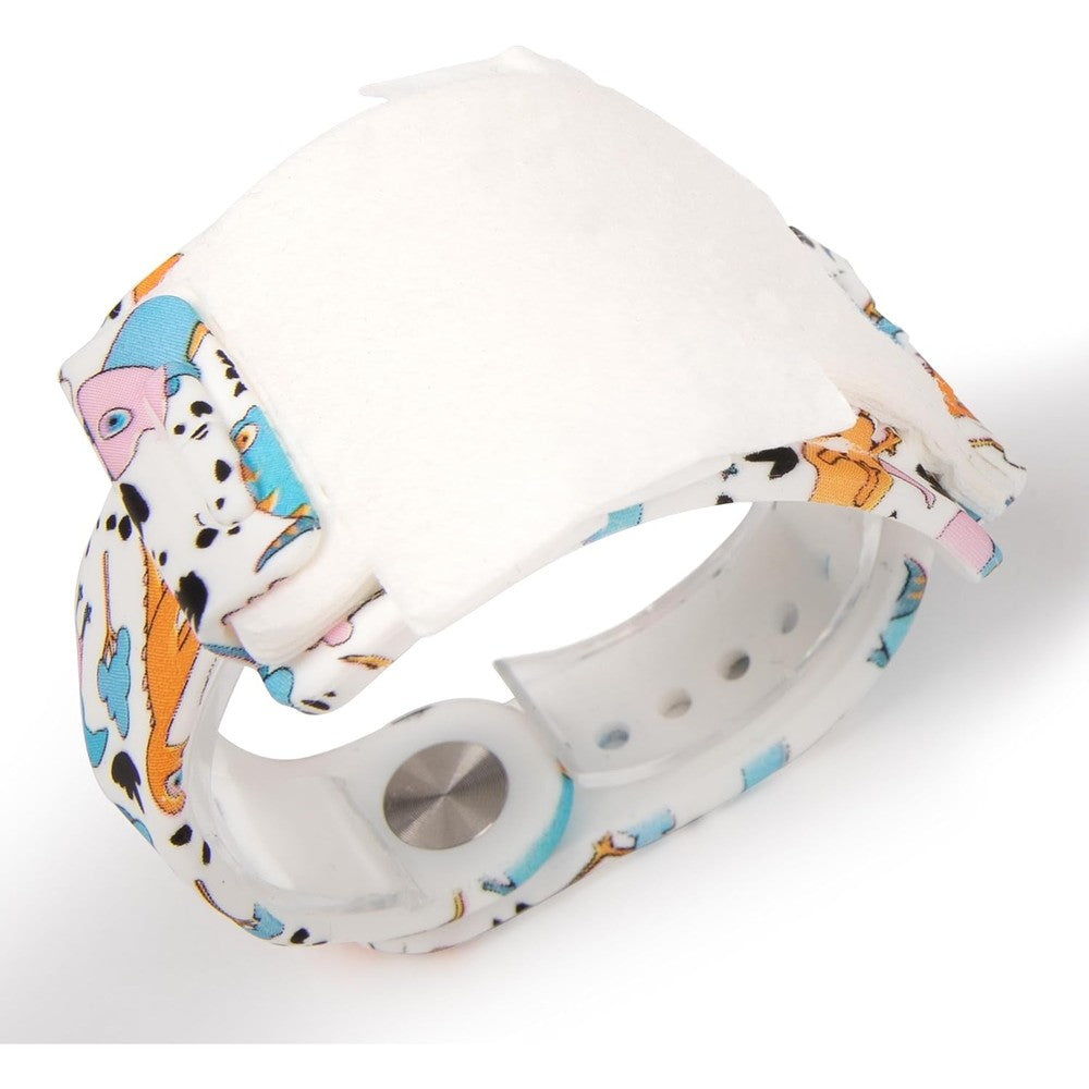 Wipeband kids wearable bracelet nose wipes front view featuring dinosaur style wristband with tissues.