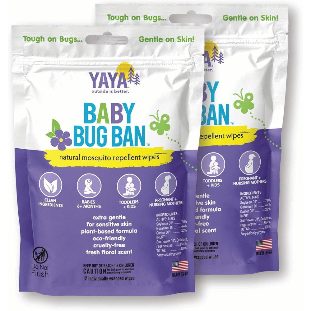 YAYA ORGANICS Baby Bug BAN Insect Repellent Wipes front packaging showcasing natural mosquito protection for babies.