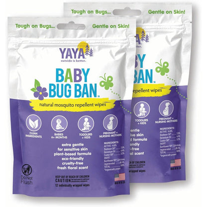 YAYA ORGANICS Baby Bug BAN Insect Repellent Wipes front packaging showcasing natural mosquito protection for babies.