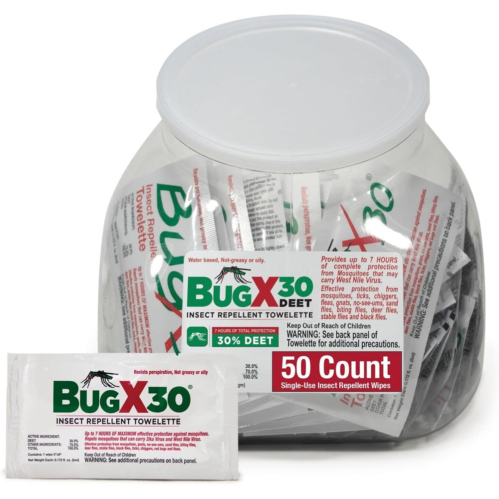 CoreTex Bug X 30 Insect Repellent Wipes front view of the 50 count fishbowl container on an outdoor background