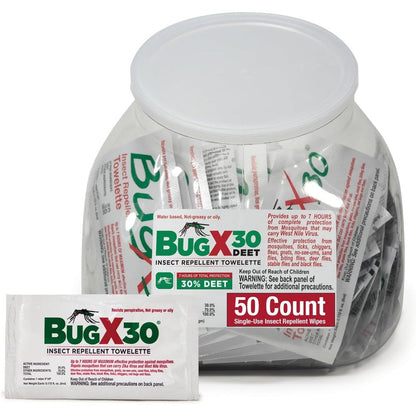CoreTex Bug X 30 Insect Repellent Wipes front view of the 50 count fishbowl container on an outdoor background