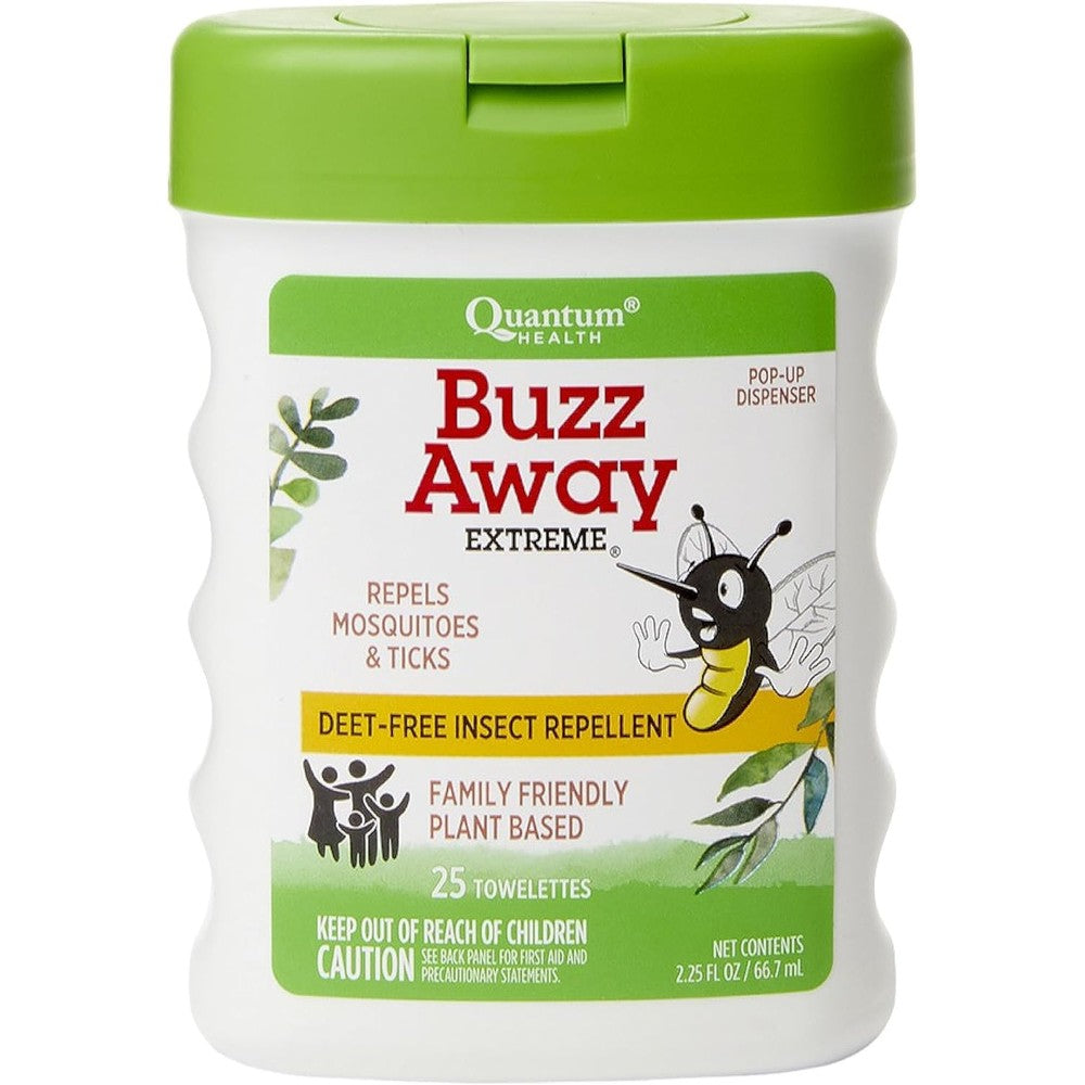 Quantum Health Buzz Away Extreme Towelettes front packaging view showing the 25 count pop-up dispenser.