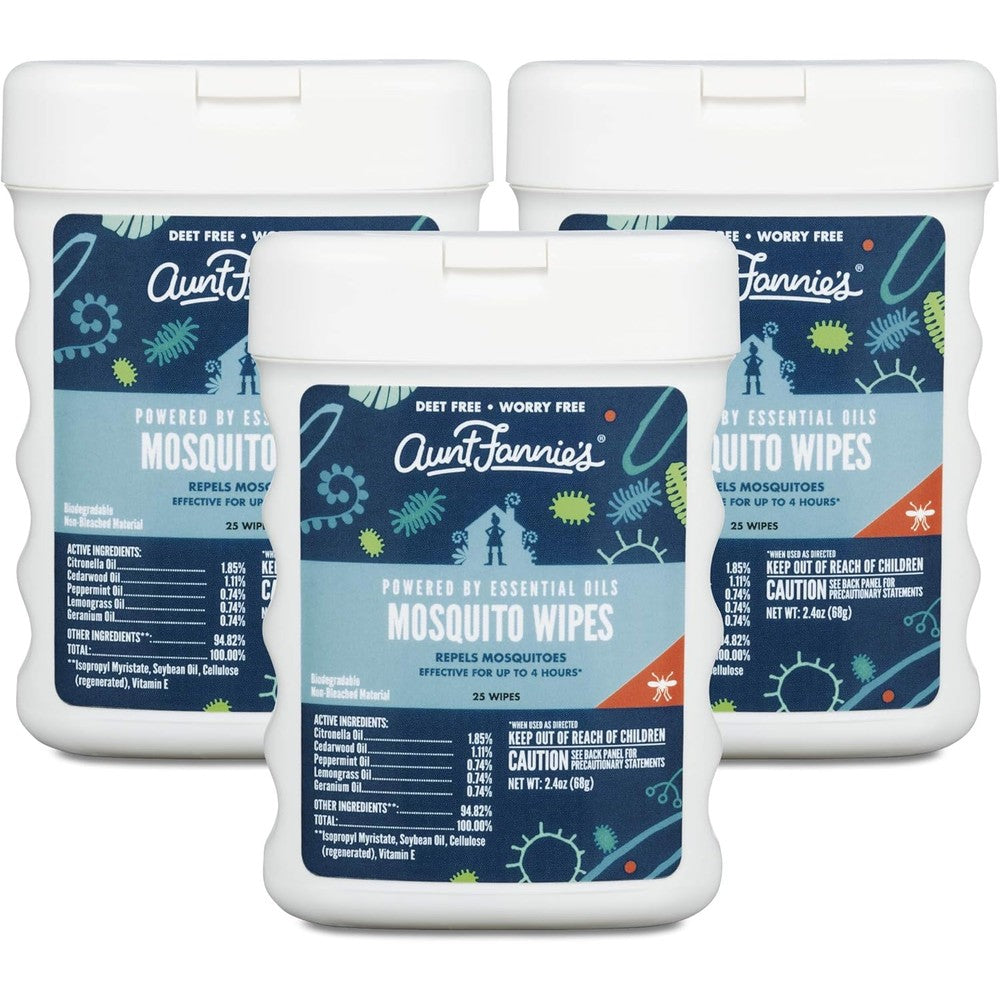 Aunt Fannie's Mosquito Repellent Wipes three pack front view showing the pop up dispenser canister.