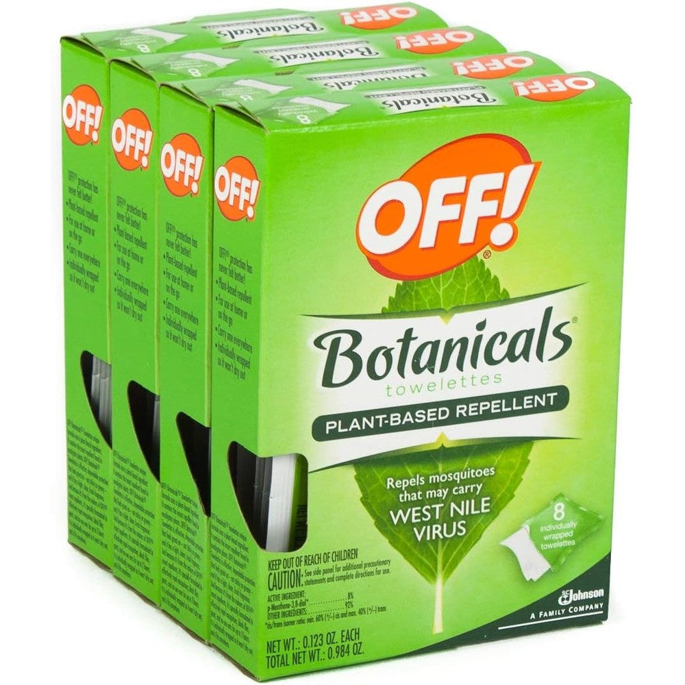 OFF! Botanicals Insect Repellent Towelettes 32 Count box front view showing natural plant based mosquito protection logo.